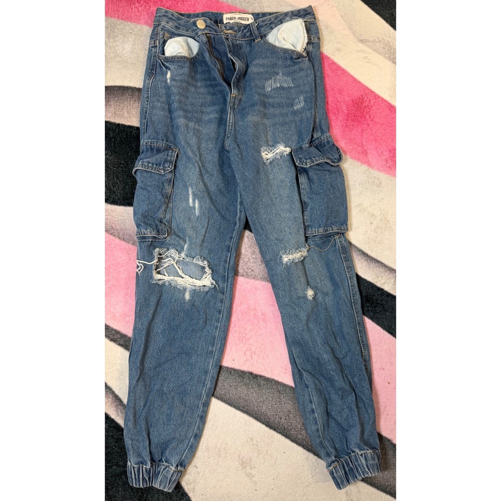 Refuge Denim Cargo Jogger Womens 9 Blue Distressed Ripped Utility Pants HighRise